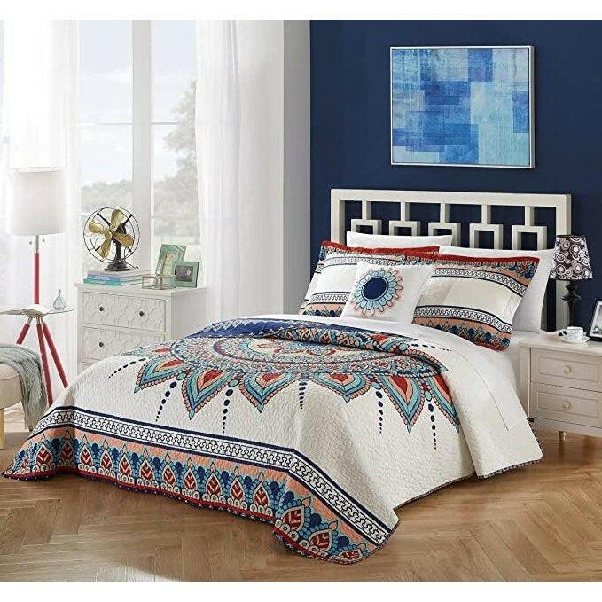 King size 4 Piece Cotton Blue White Boho Geometric Reversible Quilt Set - FurniFindUSA