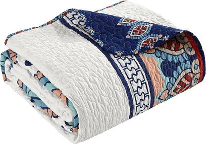 King size 4 Piece Cotton Blue White Boho Geometric Reversible Quilt Set - FurniFindUSA