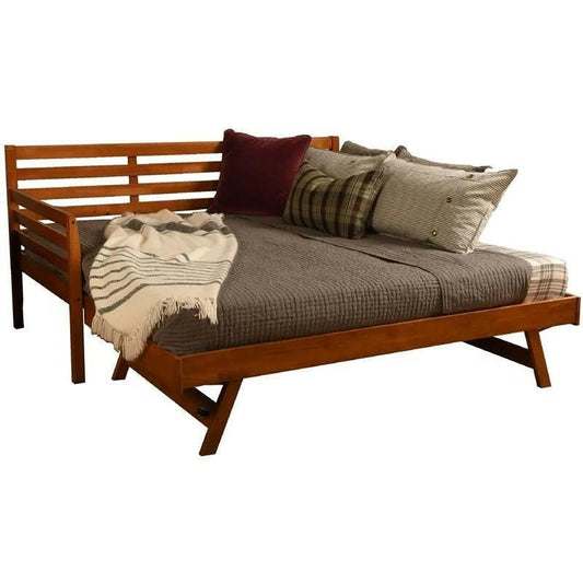 Solid Wood Day Bed Frame with Pull-out Pop Up Trundle Bed in Medium Brown - FurniFindUSA