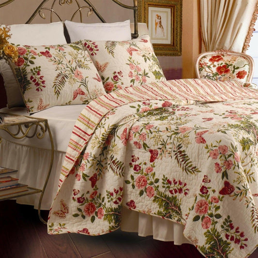 King size 3-Piece Cotton Quilt Set in Pink Beige Floral Butterflies - FurniFindUSA