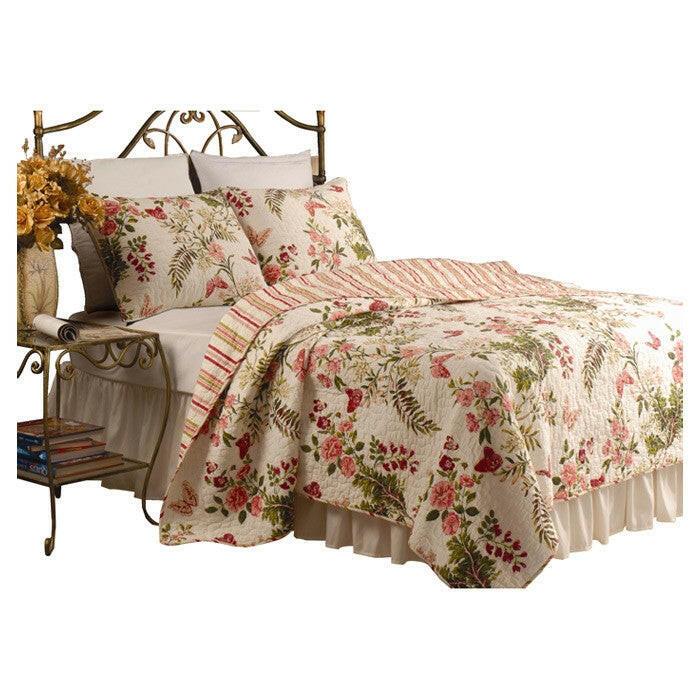 King size 3-Piece Cotton Quilt Set in Pink Beige Floral Butterflies - FurniFindUSA