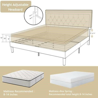 King Adjustable Height Platform Bed Frame with Beige Upholstered Headboard - FurniFindUSA