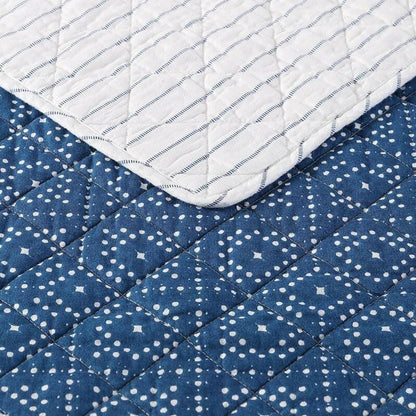 King size Blue White Dots and Stripes 100-Percent Cotton Reversible Quilt Set - FurniFindUSA