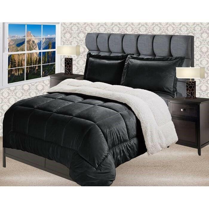 King Size 3 Piece Ultra Soft Sherpa Wrinkle Resistant Comforter Set in Black - FurniFindUSA