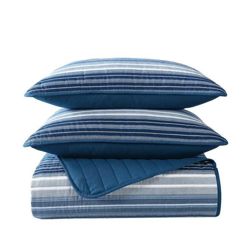 King Size Coastal Blue Stripe Reversible Cotton Quilt Set - FurniFindUSA