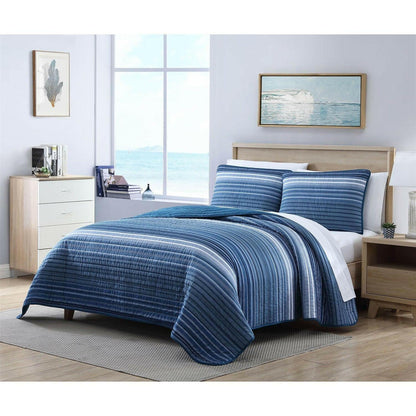 King Size Coastal Blue Stripe Reversible Cotton Quilt Set - FurniFindUSA