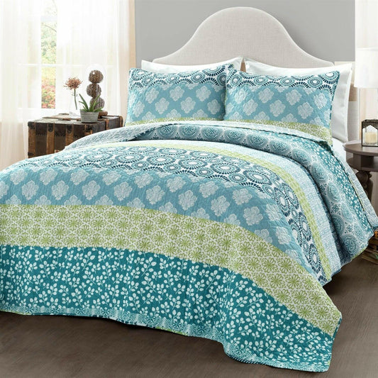 King size Cotton 3 Piece Reversible Blue White Green Floral Damask Quilt Set - FurniFindUSA