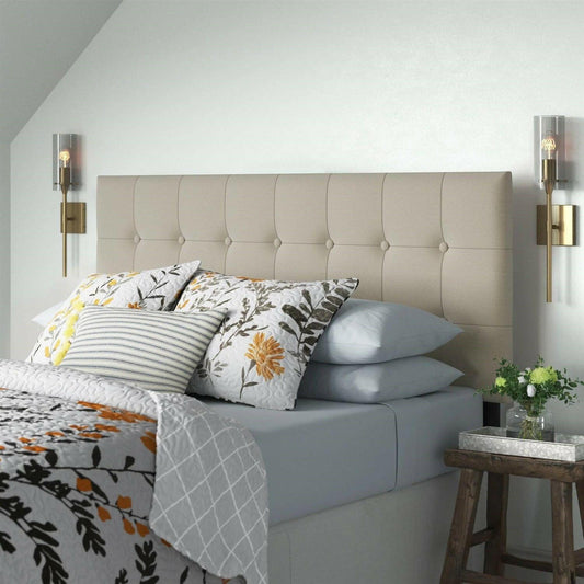 King Button-Tufted Headboard in Light Grey Beige Taupe Upholstered Fabric - FurniFindUSA