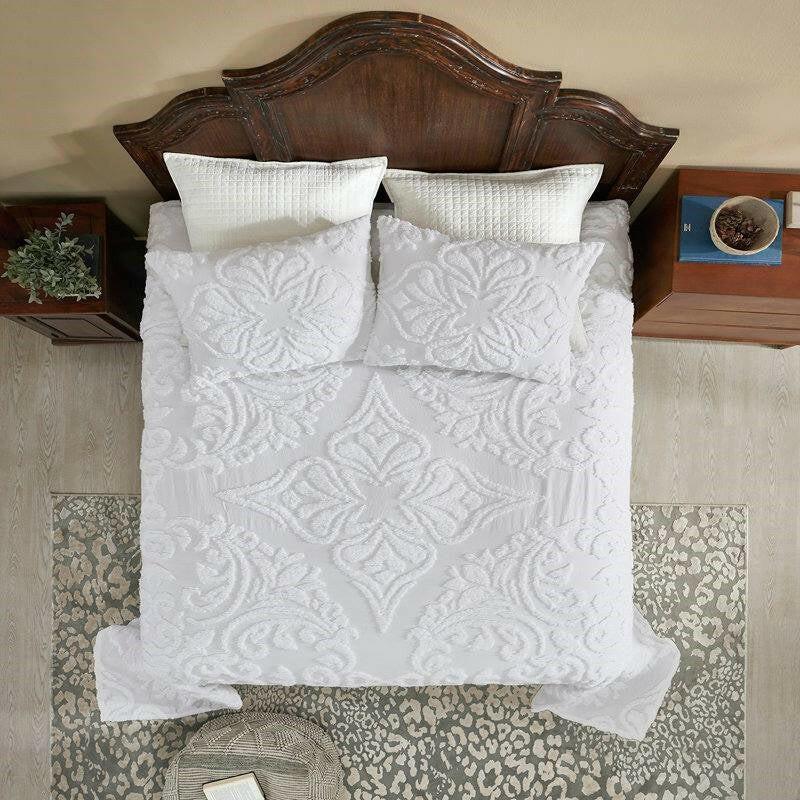 King Size 100-Percent Cotton Chenille 3-Piece Coverlet Bedspread Set in White - FurniFindUSA