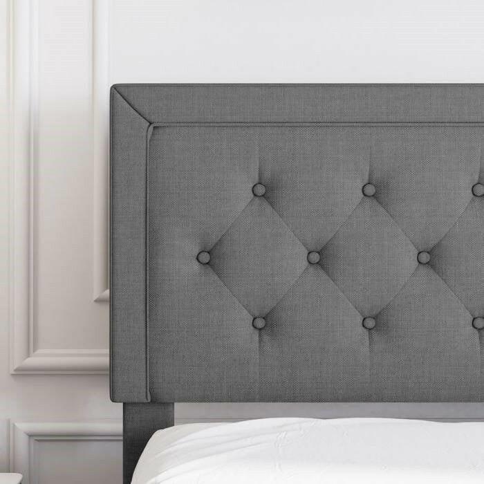 King Size Dark Grey Linen Upholstered Platform Bed with Button-Tufted Headboard - FurniFindUSA