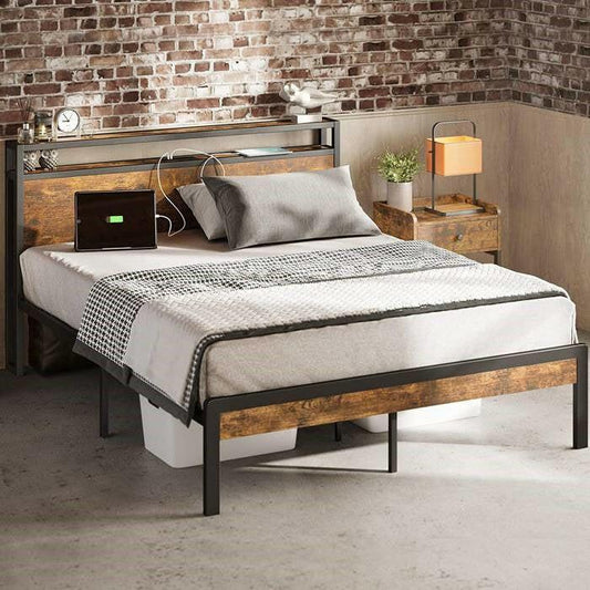 King Size Industrial Platform Bed Frame with Storage Headboard and Power Outlets - FurniFindUSA