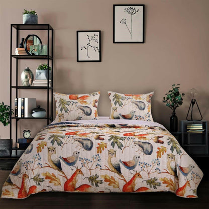 King 3 Piece Blue Beige Birds Animals Floral Microfiber Reversible Quilt Set - FurniFindUSA