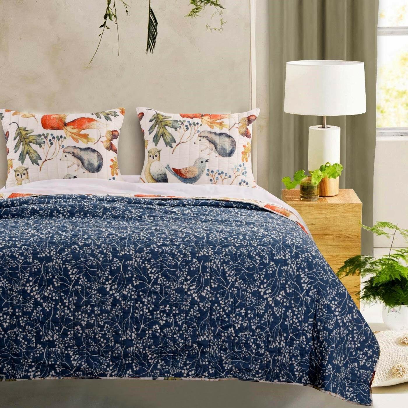 King 3 Piece Blue Beige Birds Animals Floral Microfiber Reversible Quilt Set - FurniFindUSA