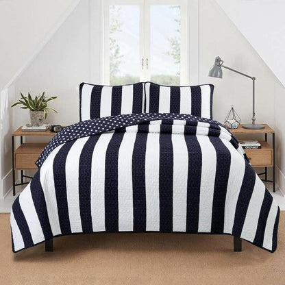 King 3 Piece Reversible Navy White Stars Stripes 100-Percent Cotton Quilt Set - FurniFindUSA