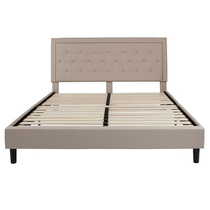 King Beige Upholstered Platform Bed Frame with Button Tufted Headboard - FurniFindUSA