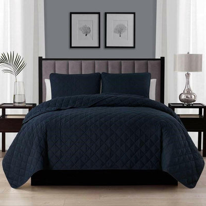 King size 3-Piece Navy Blue Polyester Microfiber Reversible Diamond Quilt Set - FurniFindUSA