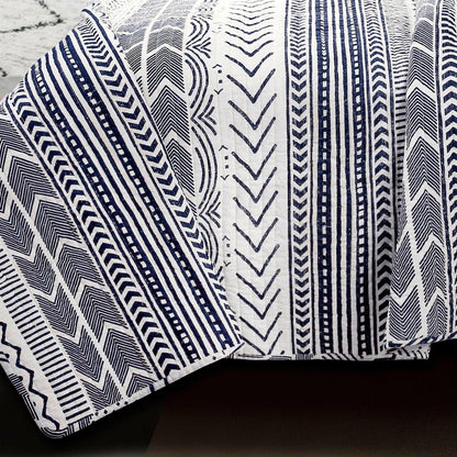 3 Piece Scandinavian Blue White Reversible Cotton Set in King - FurniFindUSA