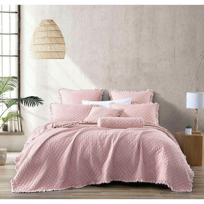 King Pink Microfiber Diamond Quilted Bedspread Set with Frayed Edges - FurniFindUSA