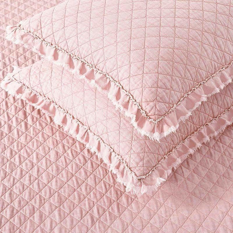 King Pink Microfiber Diamond Quilted Bedspread Set with Frayed Edges - FurniFindUSA
