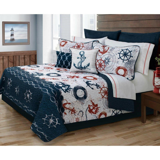 King Size Modern Coastal Anchor Polyester Reversible Quilt Set - FurniFindUSA