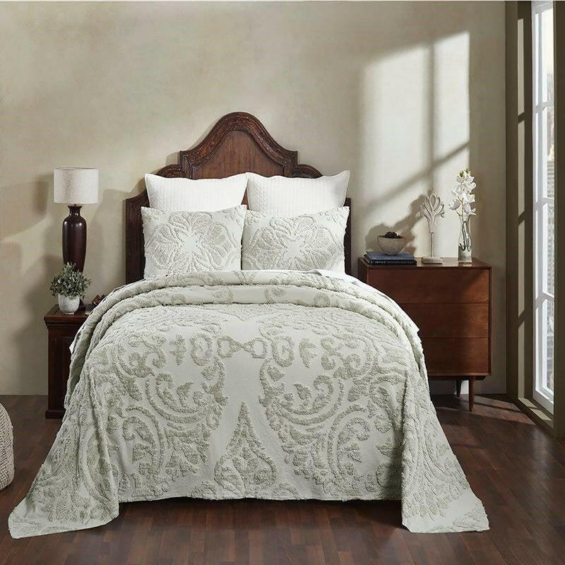 King Size 100-Percent Cotton Chenille 3-Piece Coverlet Bedspread Set in Sage - FurniFindUSA