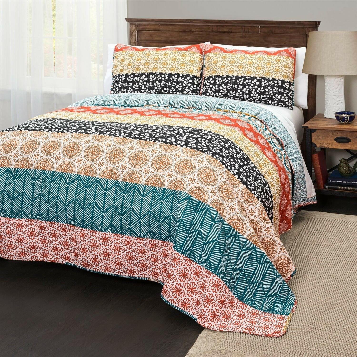 King size Cotton 3 Piece Reversible Teal Orange Bohemian Stripe Quilt Set - FurniFindUSA