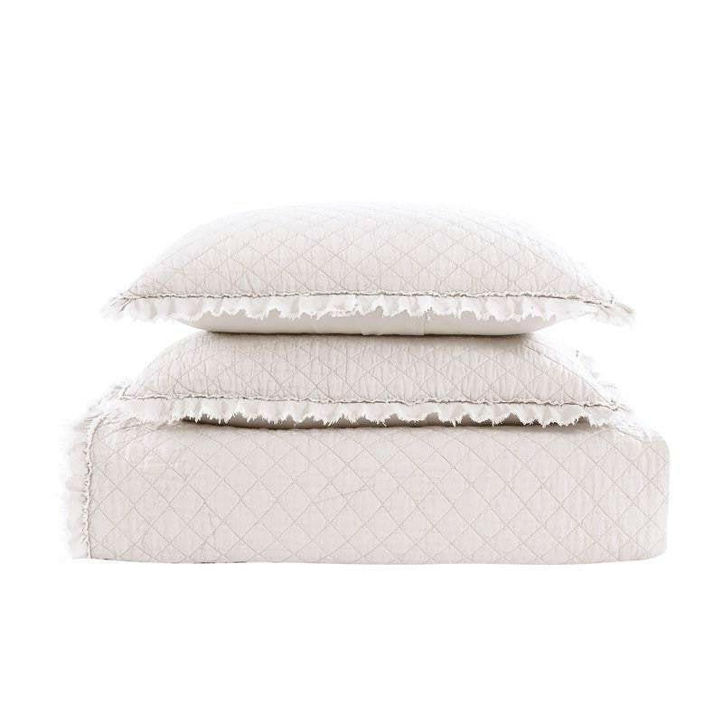 King White Farmhouse Microfiber Diamond Quilted Bedspread Set with Frayed Edges - FurniFindUSA