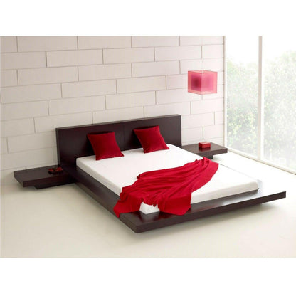 King Modern Japanese Style Platform Bed with Headboard and 2 Nightstands in Espresso - FurniFindUSA