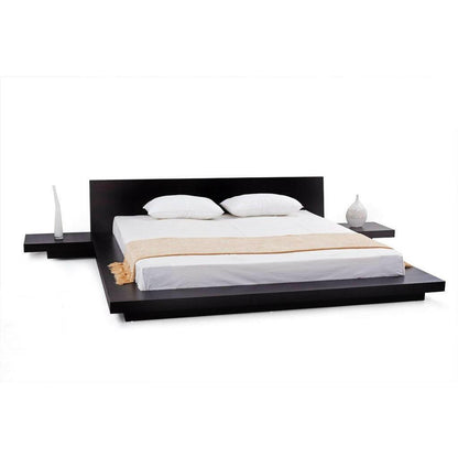 King Modern Japanese Style Platform Bed with Headboard and 2 Nightstands in Espresso - FurniFindUSA