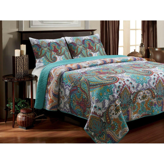 King size 100-Percent Cotton Quilt Set in Teal Paisley Pattern - Preshrunk - FurniFindUSA