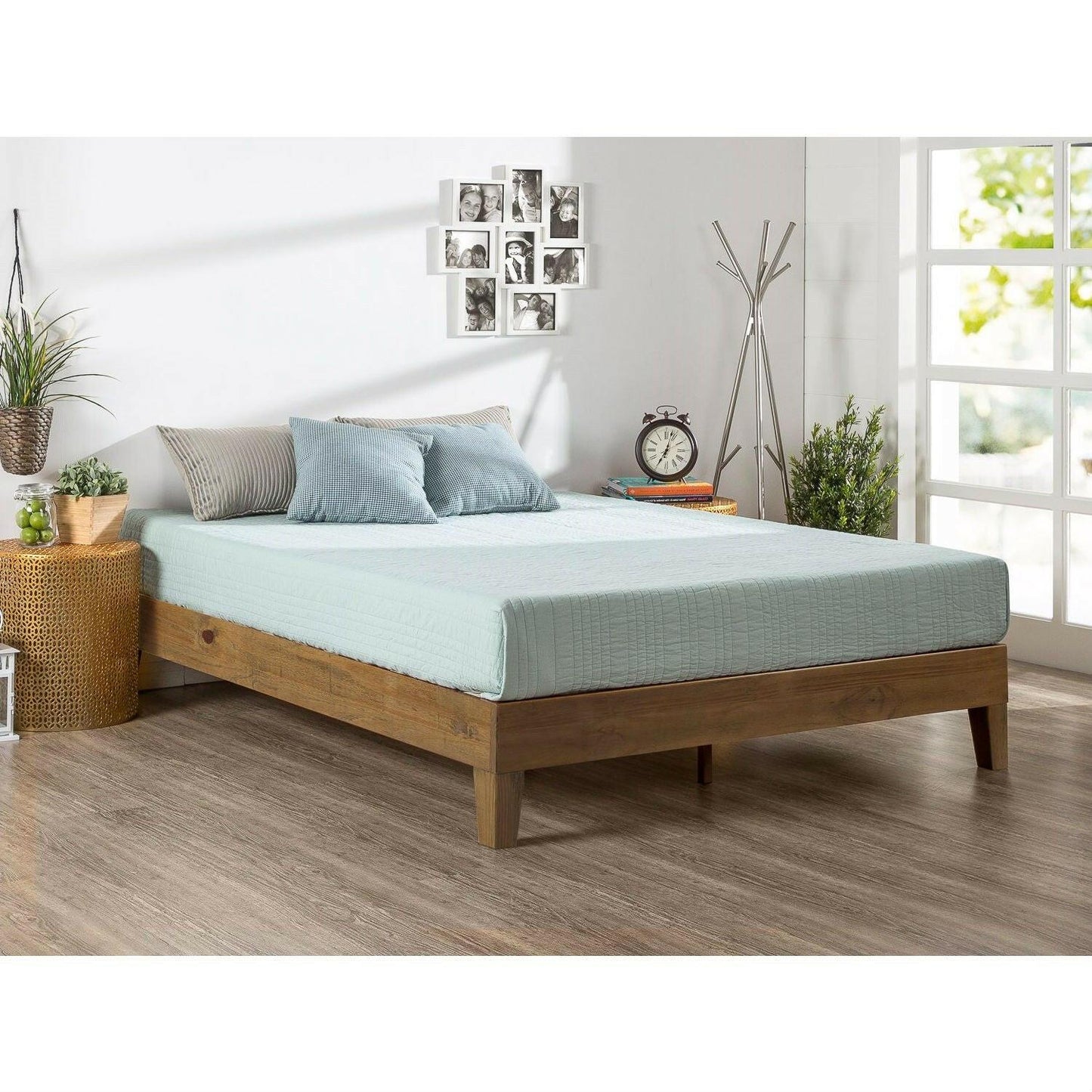 King size Modern Platform Bed Frame in Rustic Pine Finish - FurniFindUSA