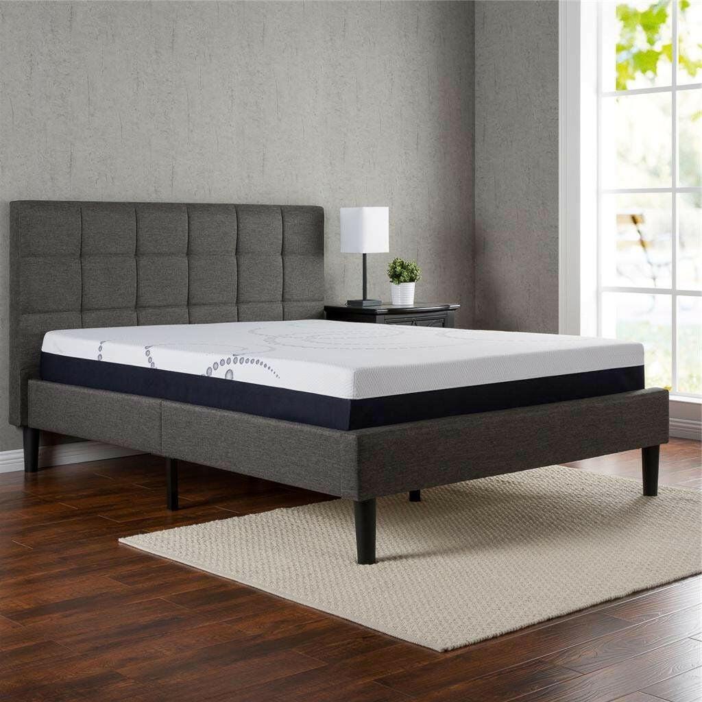 King size Dark Grey Upholstered Platform Bed with Headboard - FurniFindUSA