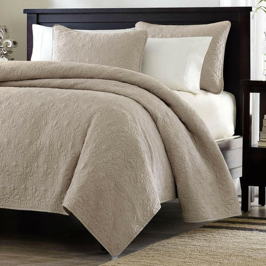 Full / Queen size Khaki Light Brown Tan Coverlet Quilt Set with 2 Shams - FurniFindUSA
