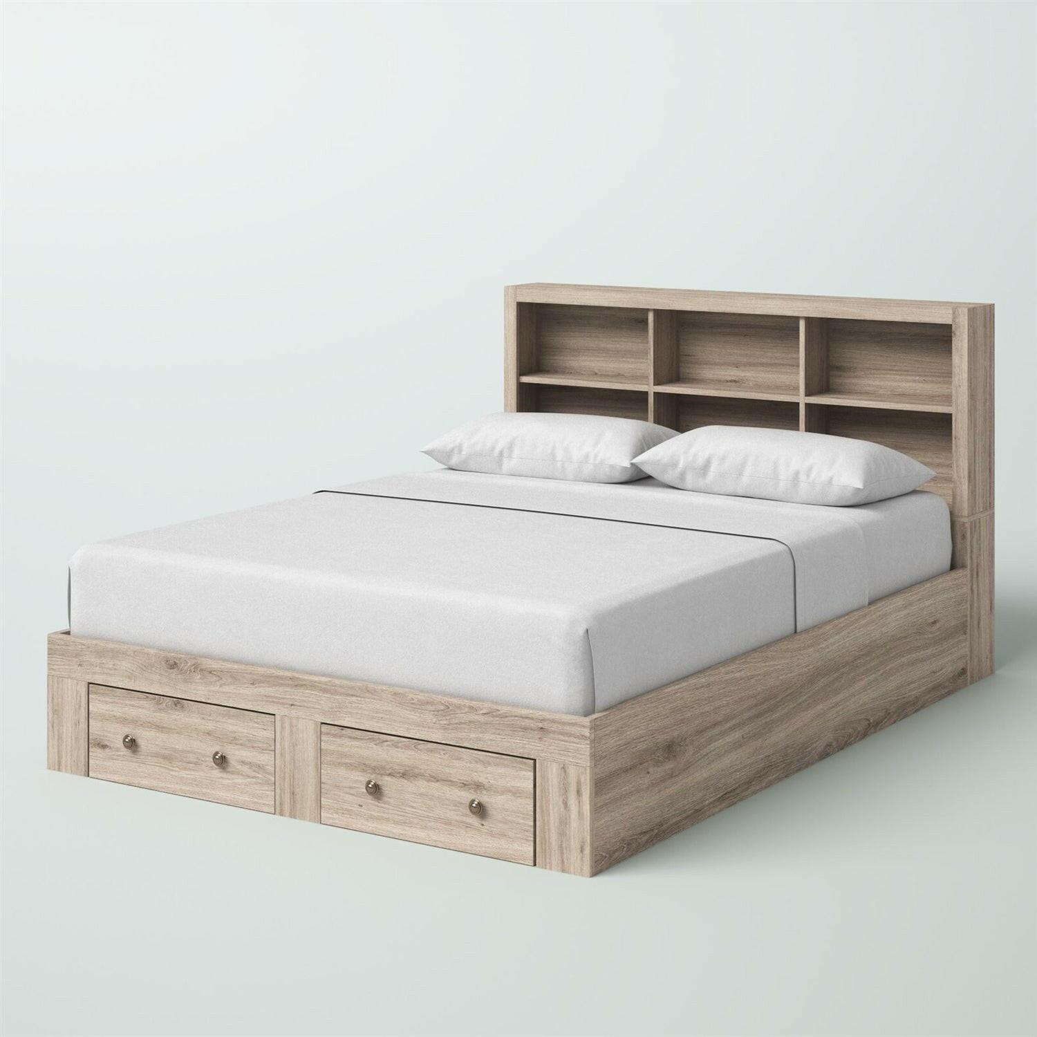 King Size Rustic Oak FarmHouse Low Profile 2 Drawer Storage Platform Bed - FurniFindUSA