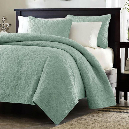 King size Seafoam Green Blue Coverlet Set with Quilted Floral Pattern - FurniFindUSA