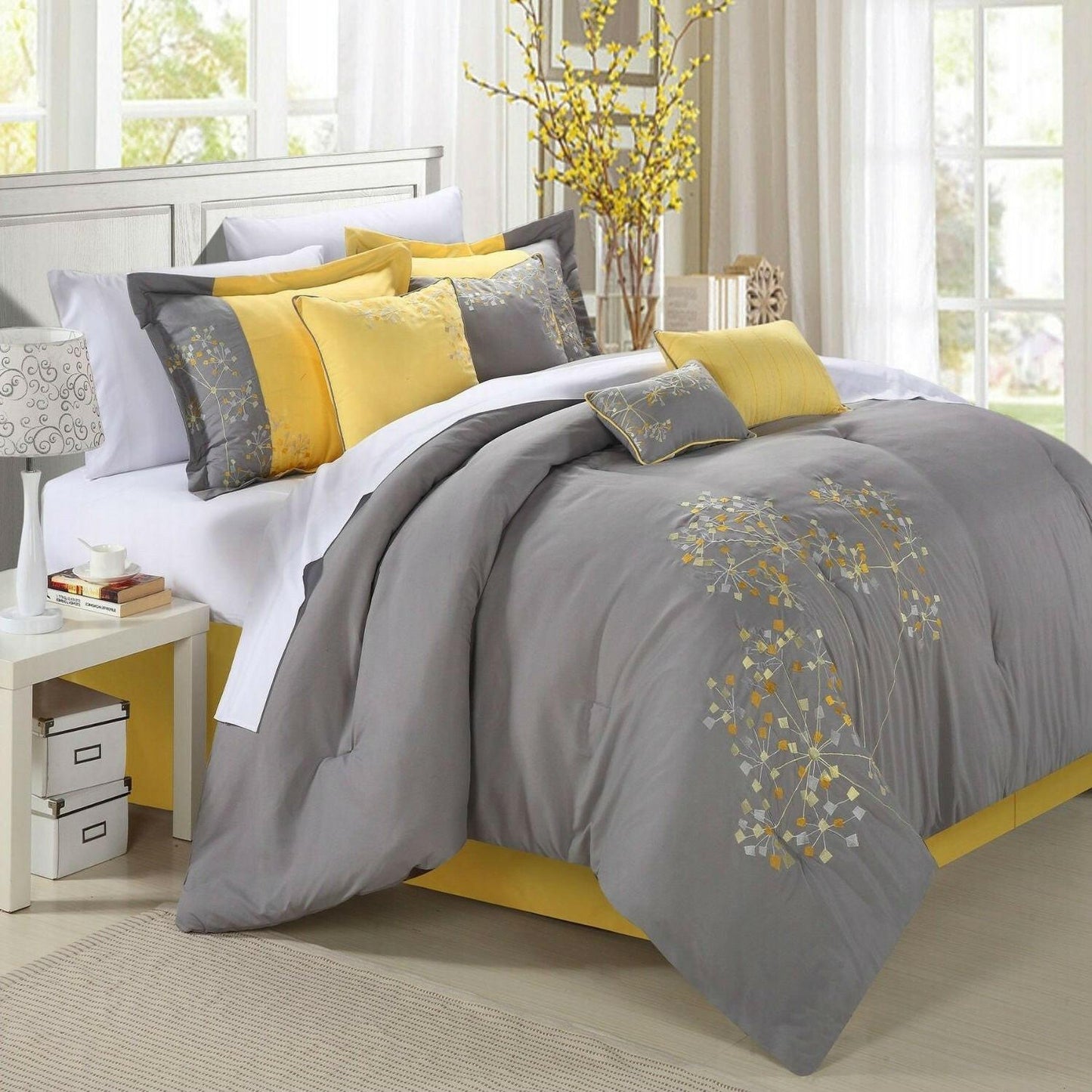 King size 8-Piece Modern Yellow Grey Floral Comforter Set - FurniFindUSA