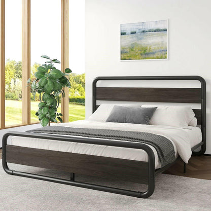 King Heavy Duty Round Metal Frame Platform Bed with Black Wood Panel Headboard - FurniFindUSA