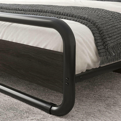 King Heavy Duty Round Metal Frame Platform Bed with Black Wood Panel Headboard - FurniFindUSA