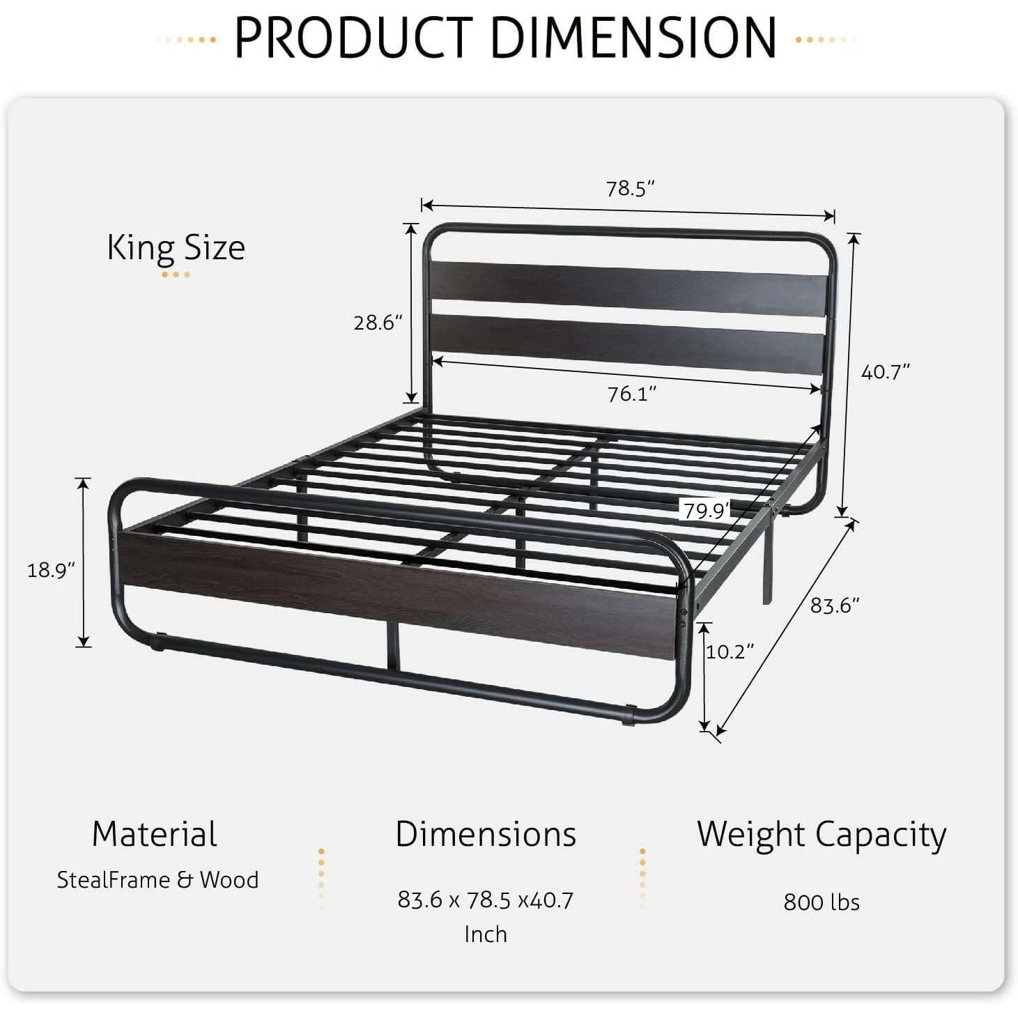 King Heavy Duty Round Metal Frame Platform Bed with Black Wood Panel Headboard - FurniFindUSA