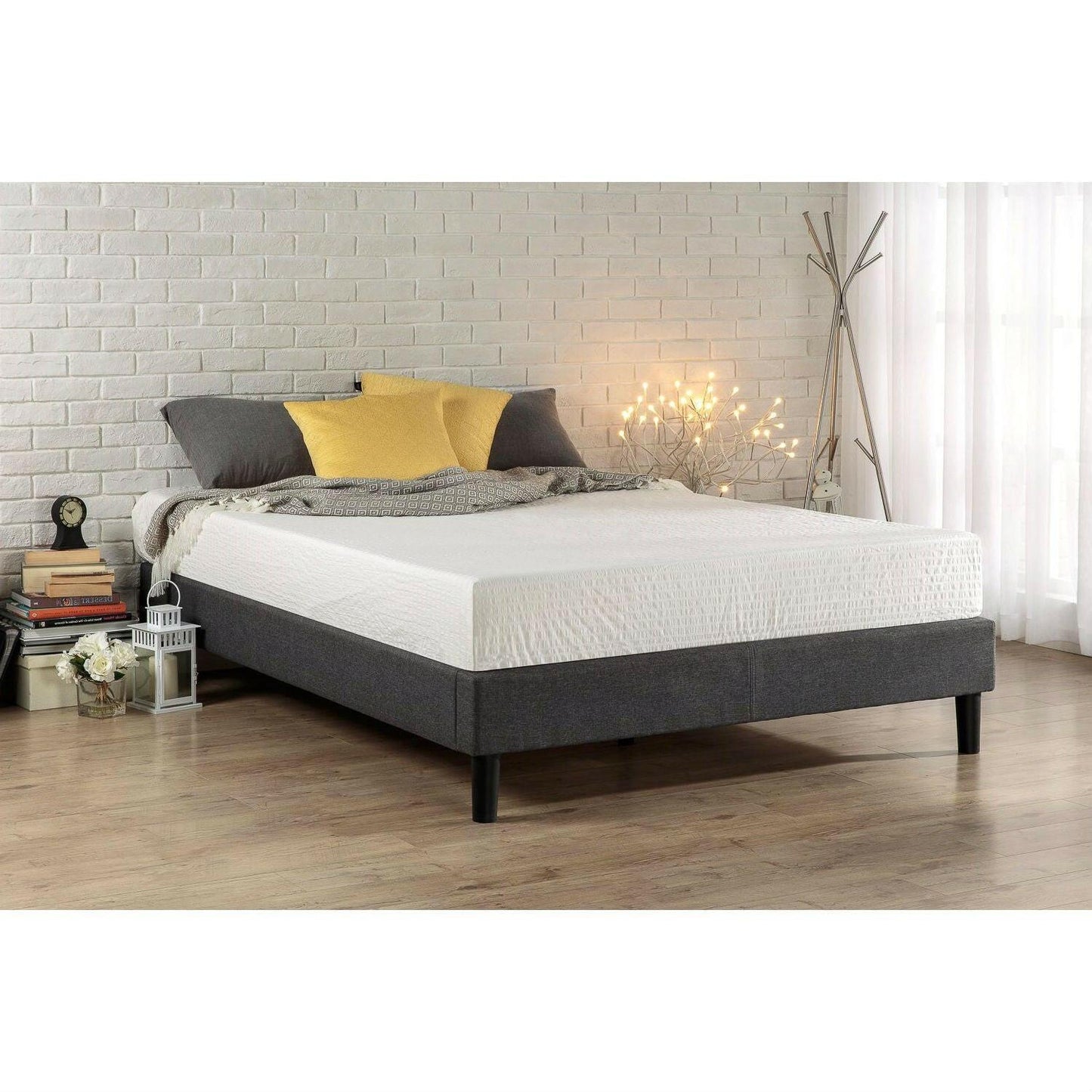 King size Grey Upholstered Platform Bed Frame with Mid-Century Style Legs - FurniFindUSA