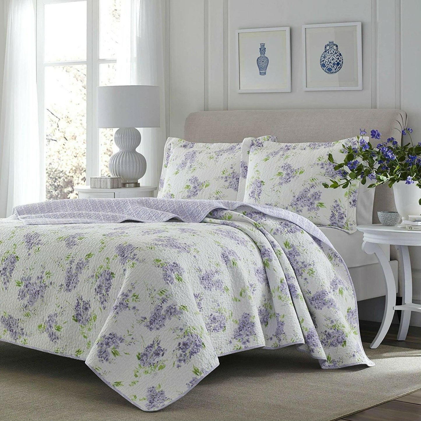 Full / Queen size 3-Piece Cotton Quilt Set with White Purple Floral Pattern - FurniFindUSA