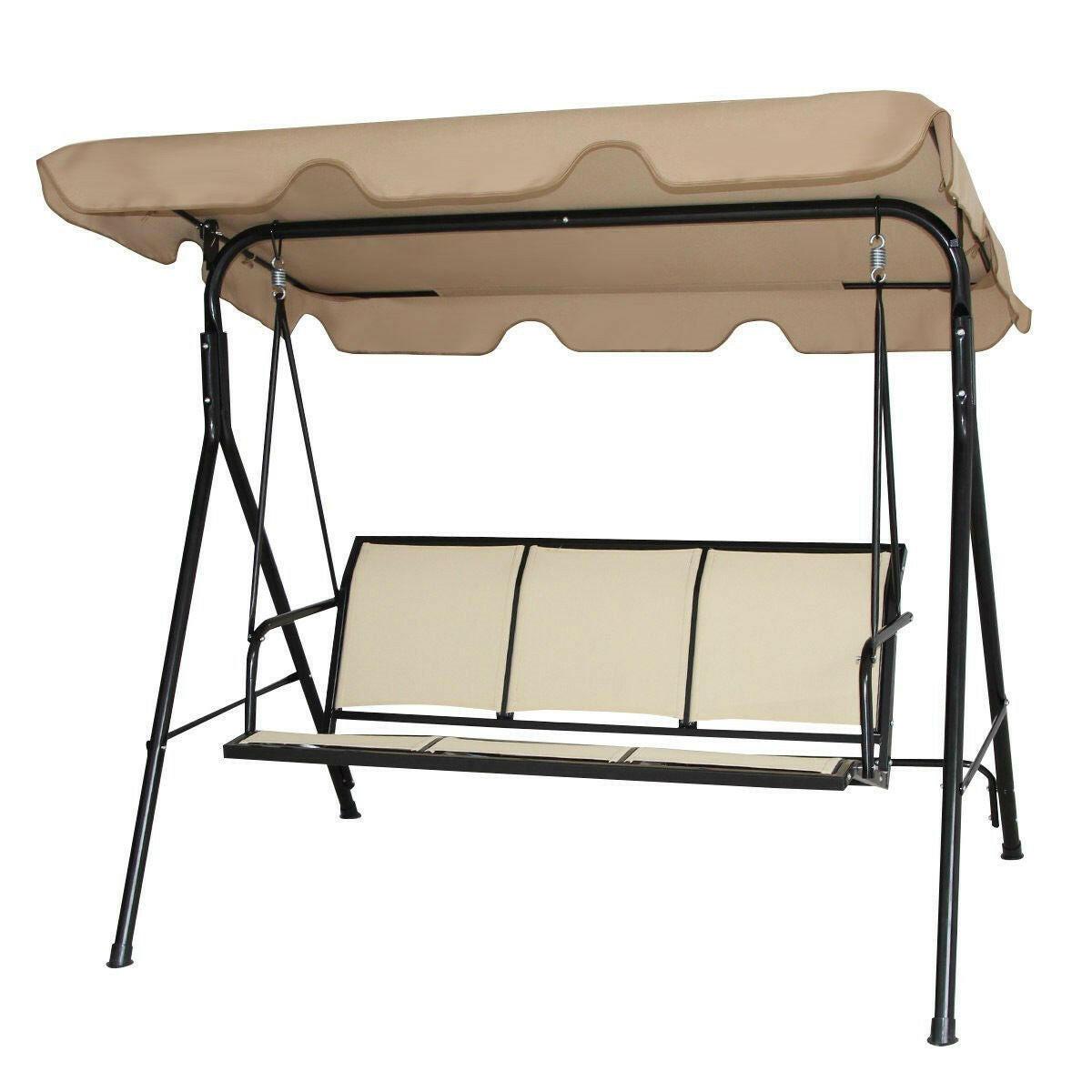 Outdoor Porch Patio 3-Person Canopy Swing in Light Brown - FurniFindUSA