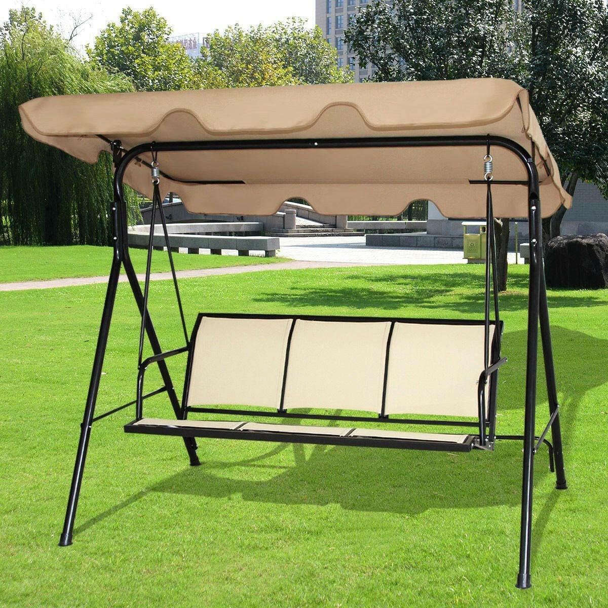 Outdoor Porch Patio 3-Person Canopy Swing in Light Brown - FurniFindUSA