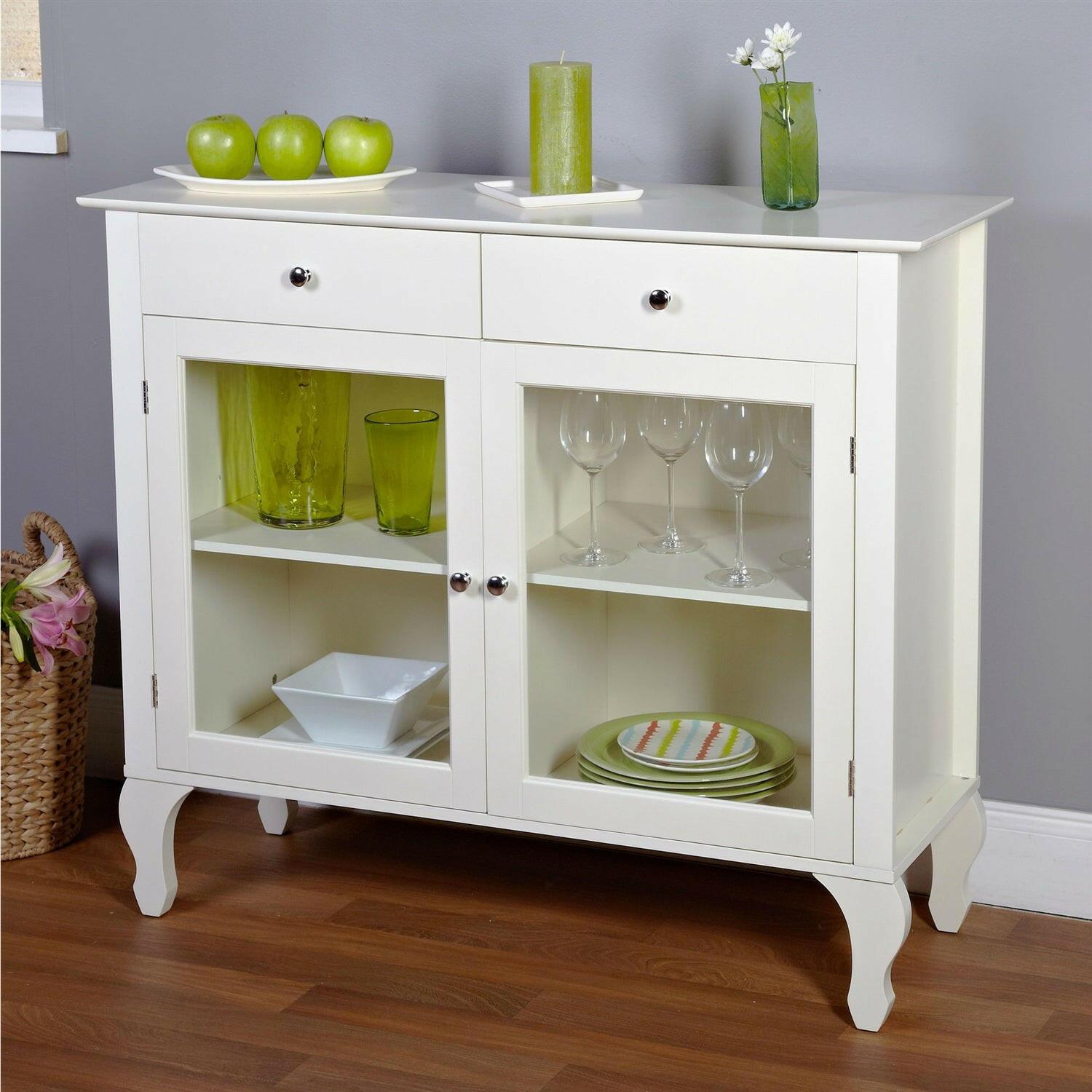 Antique White Sideboard Buffet Console Table with Glass Doors - FurniFindUSA