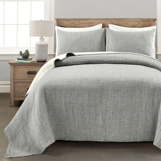 King Size 3-Piece Reversible Cotton Yarn Woven Coverlet Set in Grey Cream - FurniFindUSA