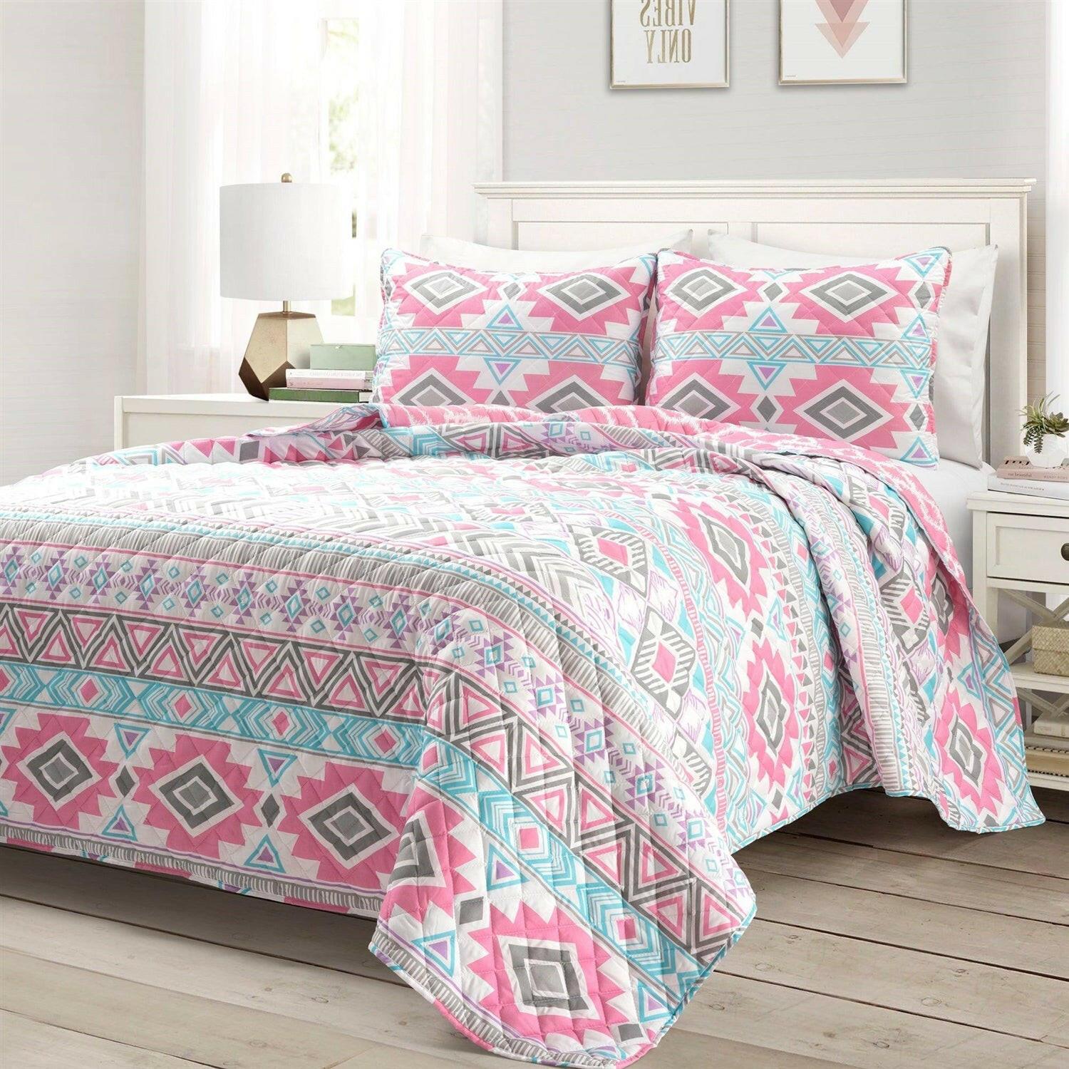 Twin Southwest Indian Style Polyester Pink Blue Striped Reversible Quilt Set - FurniFindUSA