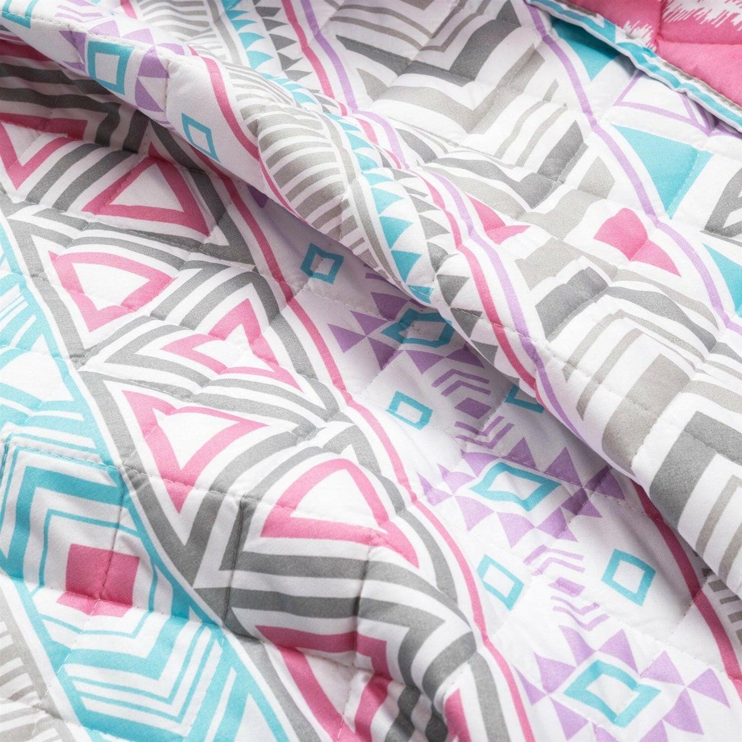 Twin Southwest Indian Style Polyester Pink Blue Striped Reversible Quilt Set - FurniFindUSA