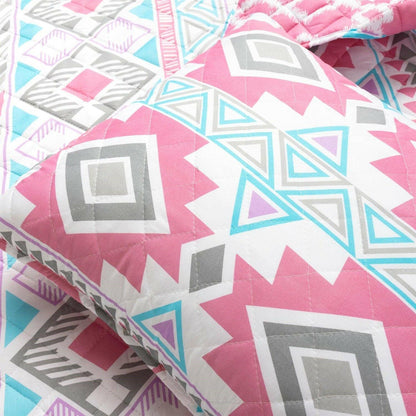 Twin Southwest Indian Style Polyester Pink Blue Striped Reversible Quilt Set - FurniFindUSA