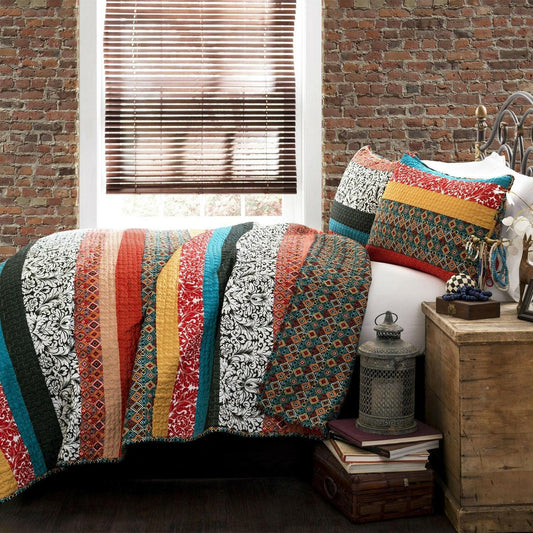 King size 3-Piece Quilt Set in Modern Colorful Stripe Geometric Floral Pattern - FurniFindUSA