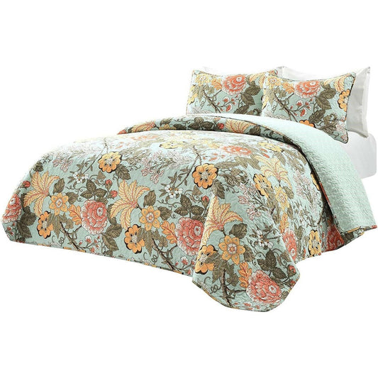 3 Piece FarmHouse Teal Floral Cotton Reversible Quilt Set, King - FurniFindUSA